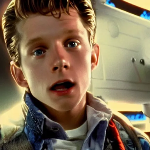 Prompt: stunning awe inspiring tom holland as marty mcfly in the movie back to the future, movie still 8 k hdr atmospheric lighting