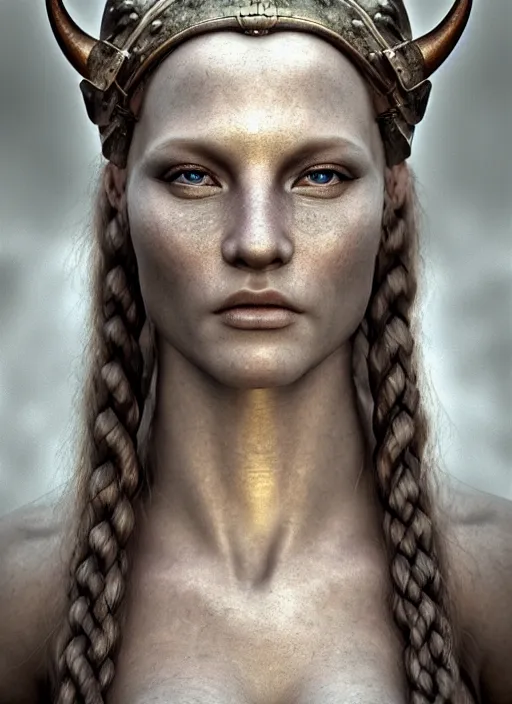 Image similar to hyperrealistic mixed media portrait of a beautiful viking woman, stunning 3d render inspired art by Michael Parkes and Boris Vallejo + perfect facial symmetry + dim volumetric lighting, 8k octane beautifully detailed render, post-processing, extremely hyperdetailed, intricate, epic composition, grim yet sparkling atmosphere, cinematic lighting + masterpiece, trending on artstation