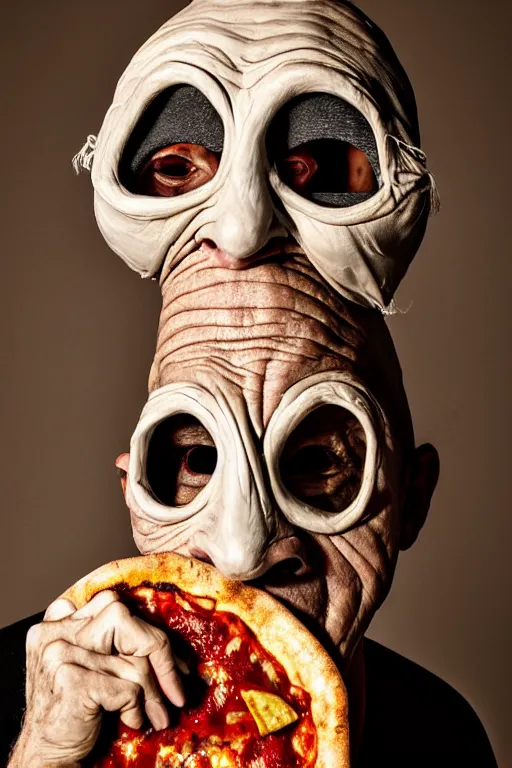 Prompt: portrait photo of an old wrinkled man, skinny face, bony face, long crooked nose, large gaping mouth, black pulcinella mask, masquerade mask, pointy conical hat, white wrinkled shirt, holding pizza, presenting pizza, close - up, skin blemishes, menacing, intimidating, masterpiece by jimmy nelson