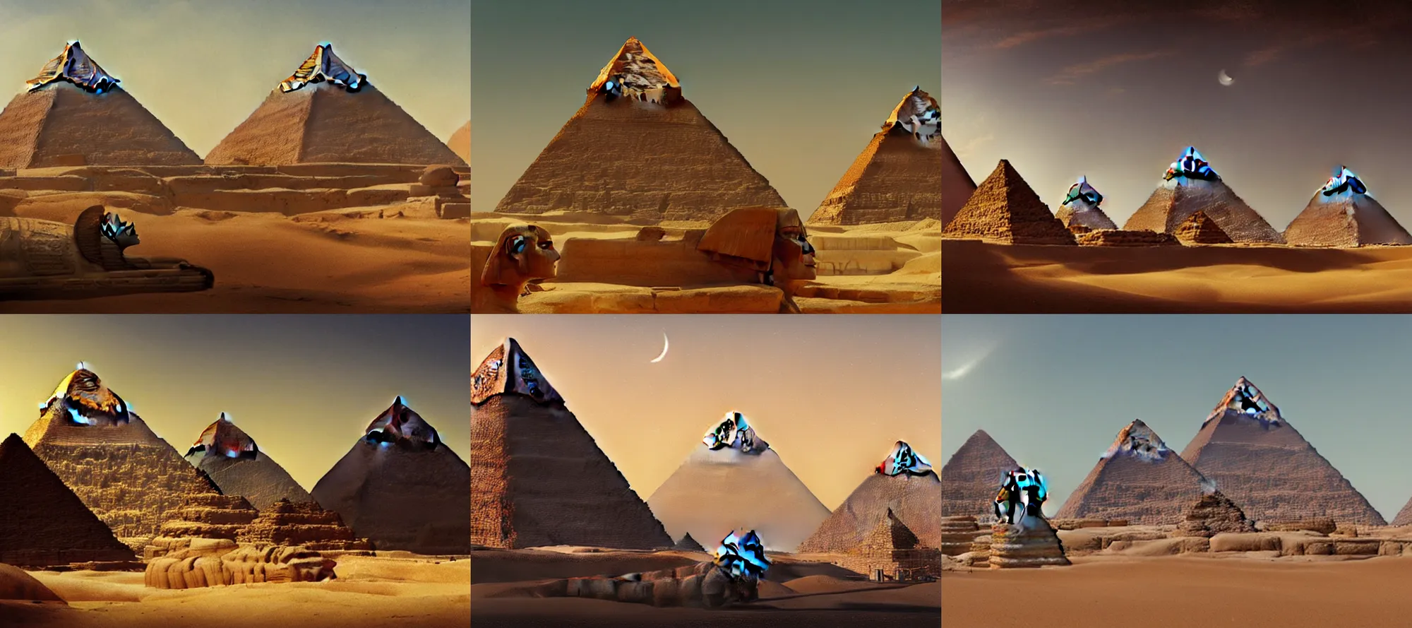 Prompt: beautiful serene landscape, egypt pyramids and sphinx, by raphael lacoste, low angle, wide angle, artstation