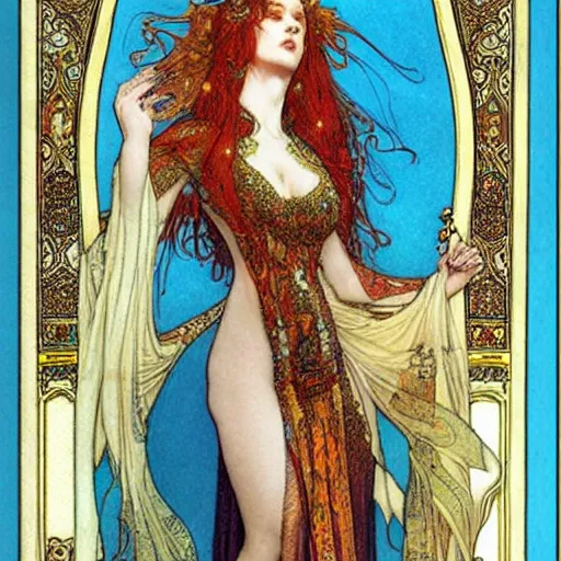Prompt: beautiful ishtar goddess in long flowy dress, porcelain skin by rebecca guay and mucha - n 9