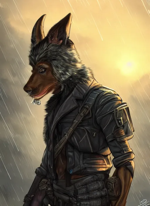 Image similar to aesthetic portrait commission of a of a male fully furry anthro ( pack mule ) with a tail and a beautiful attractive hyperdetailed face wearing wearing a outfit in a sci - fi dystopian city at golden hour while it storms in the background. character design by dayer, diego 5, detailed, inked, western comic book art, award winning film poster painting