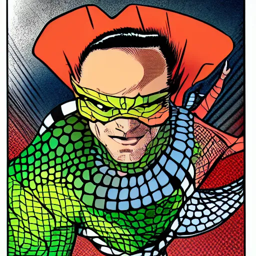 Image similar to man with scales all over his face superhero full body hyperdetailed realistic comic book illustration