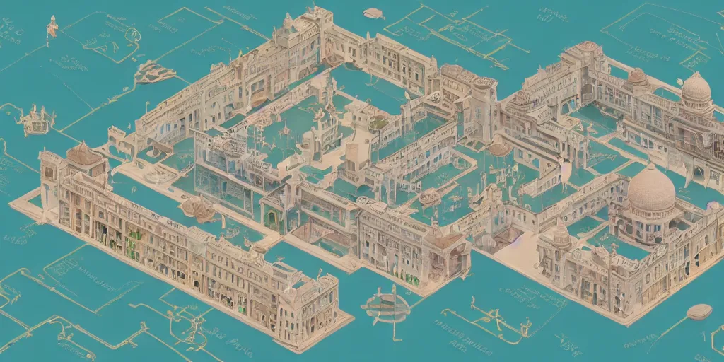 Prompt: The Taj hotel mep map axonometric pastel infographic by Wes Anderson