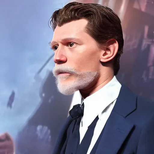 Image similar to tom holland as a rough dirty old man with a scruffy beard in a dark blue trenchcoat as the new doctor who, cinematic, volumetric lighting, f 8 aperture, cinematic eastman 5 3 8 4 film, photorealistic