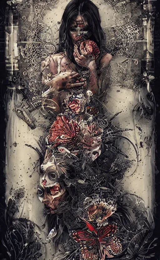 Image similar to a horror tarot card design with intricate details :: Sandra Chevrier and bastien lecouffe deharme