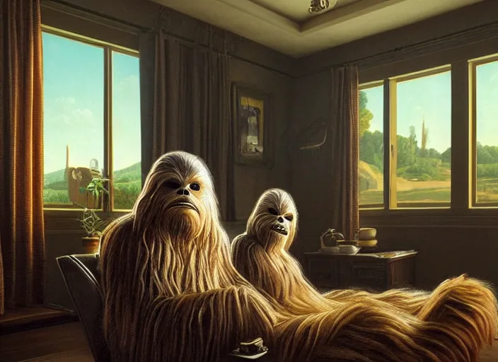 Image similar to wookiee is comfy at home trading crypto. the charts are at all time highs, huge gains, painting by grant wood, 3 d rendering by beeple