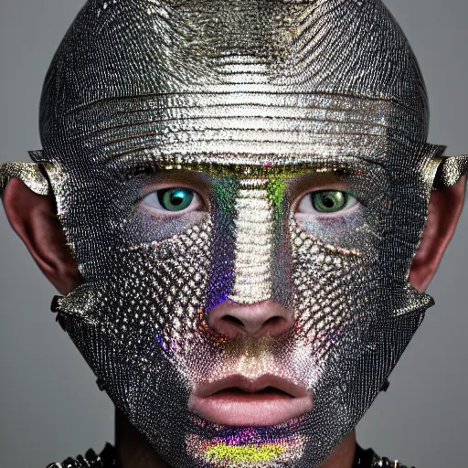 Prompt: a portrait of a beautiful young male wearing an alexander mcqueen armor made of holographic scales , photographed by andrew thomas huang, artistic