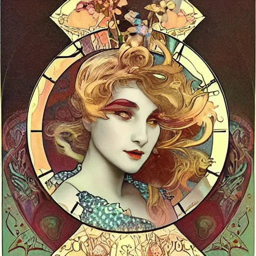 Image similar to Alice in Wonderland,Diamonds Blaze,Rose twining,out of time and space,dreamy, eternity, romantic,highly detailed,in the style of Alphonse Maria Mucha, highly detailed,night lighting