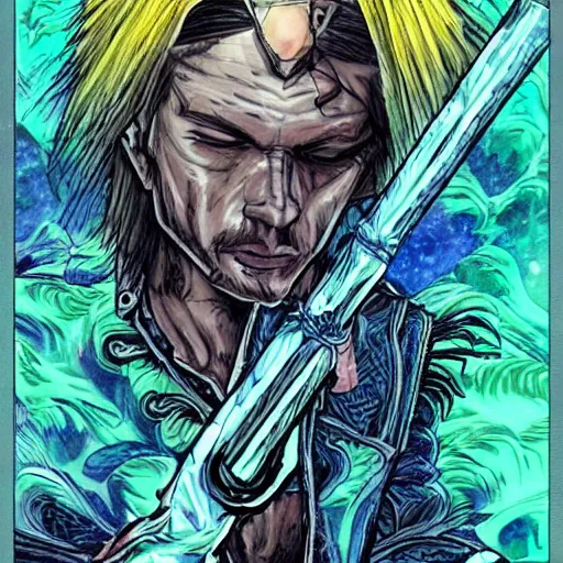 Image similar to Monocrhome pen and ink!!!! attractive 22 year old geotic!! Jaco Pastorius x Ryan Gosling golden!!!! Vagabond!!!! cyber-punk floating magic swordsman!!!! glides through a beautiful!!!!!!! battlefield dramatic esoteric!!!!!! pen and ink!!!!! illustrated in high detail!!!!!!!! by Moebius and Hiroya Oku!!!!!!!!! graphic novel published on 2049 award winning!!!! full body portrait!!!!! action exposition manga panel