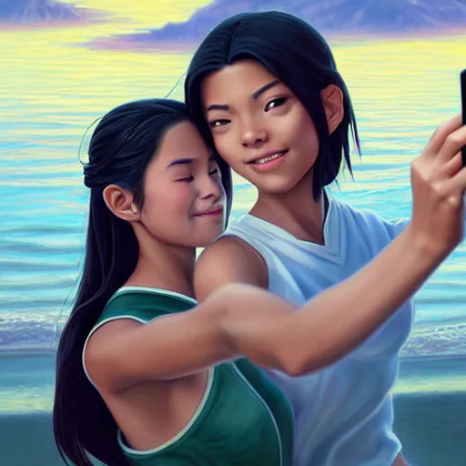 Prompt: beautiful serene intricate portrait of katara and toph beifong taking a selfie, smiling softly, relaxing on the beach, golden hour, soft focus, 8 k, art by irakli nadar, hyperrealism, hyperdetailed, ultra realistic