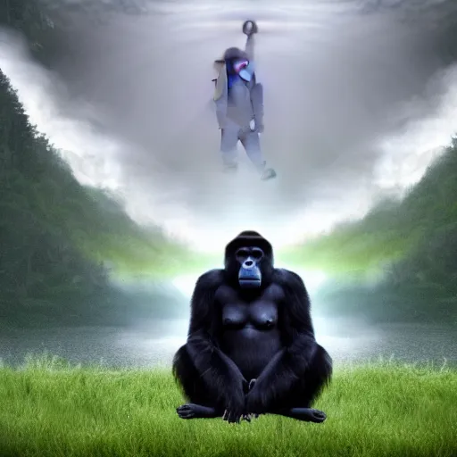 Image similar to a photo realistic gorilla doing transcendental meditation in a mystical landscape, beautiful, misty