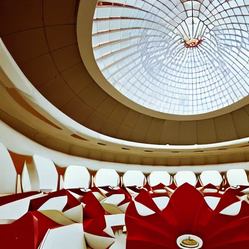 Prompt: interior of a futuristic lotus temple space station with gold, red and white marble panel, by buckminster fuller and syd mead, intricate contemporary architecture, photo journalism, photography, cinematic, national geographic photoshoot