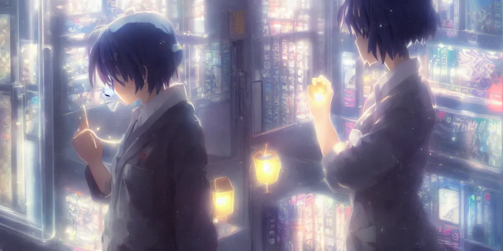 Prompt: anime kyoto animation key by greg rutkowski night, vending machine