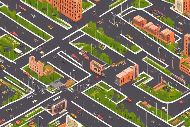 Image similar to highly detailed isometric illustration of a city scape by Wes Anderson, hyperrealistic, photorealistic, artstyle, highly detailed, sharp