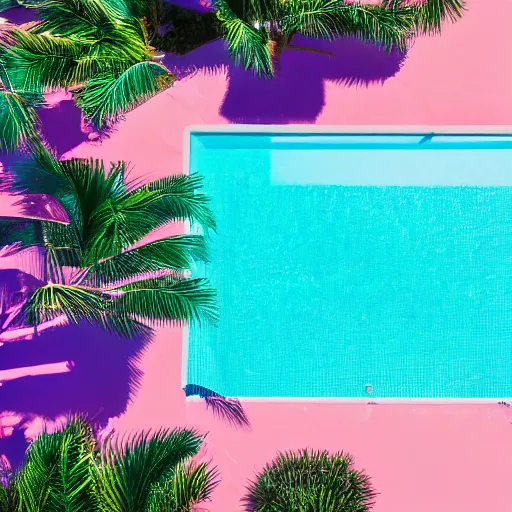 Prompt: high quality color aerial view photo of a sparkling swimming pool with palm tree leaves on the edges, pastel faded effect, synthwave colors