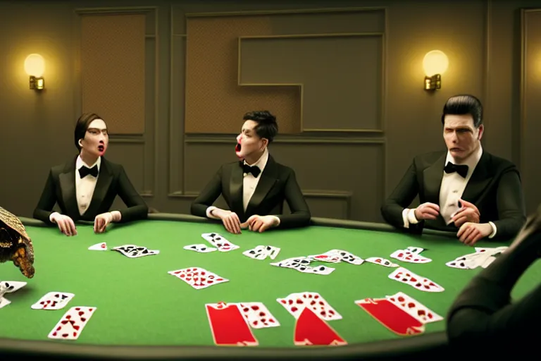 Image similar to hyperrealism simulation highly detailed human turtles'wearing detailed tuxedos and smoking, playing poker in surreal scene from cyberpunk movie from future by wes anderson and denis villeneuve and mike winkelmann rendered in blender and octane render