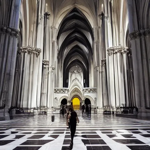 Image similar to architect, white marble gothic cathedral with a alabaster gothic girl dressed in black with perfect face