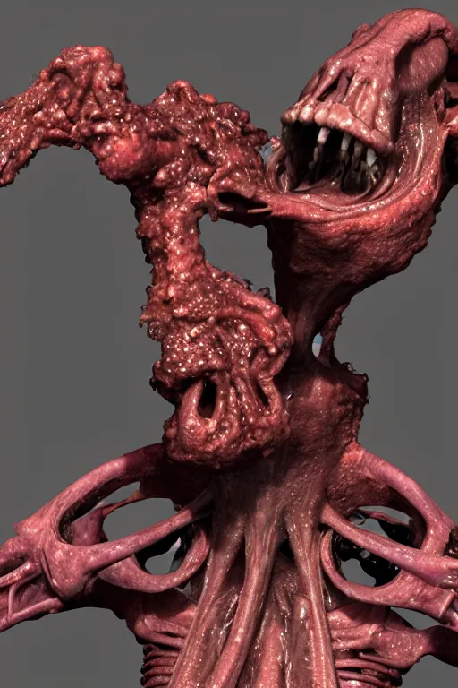 Image similar to a squid monster eating a person, john carpenter, eighties practical horror special effects, cosmic horror, protruding bones, trending on zbrush central, neoplasticism, lovecraftian, zbrush, biomorphic, nightcafe