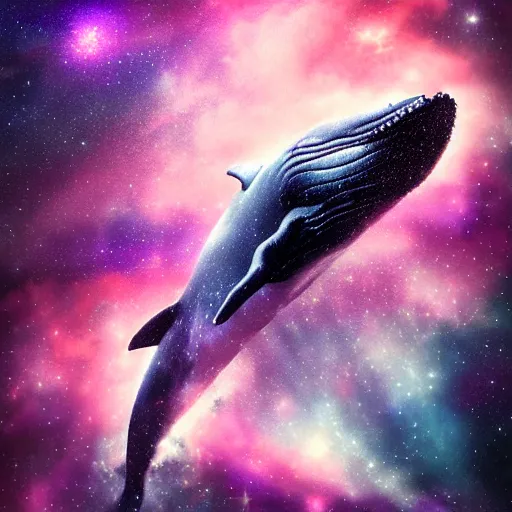 Image similar to portrait of whale swimming on a dark night sky, swimming across the universe, nebulae, purple and blue, galaxies, oniric, dreamy, beautiful, highly detailed, cinematic, trending on artstation