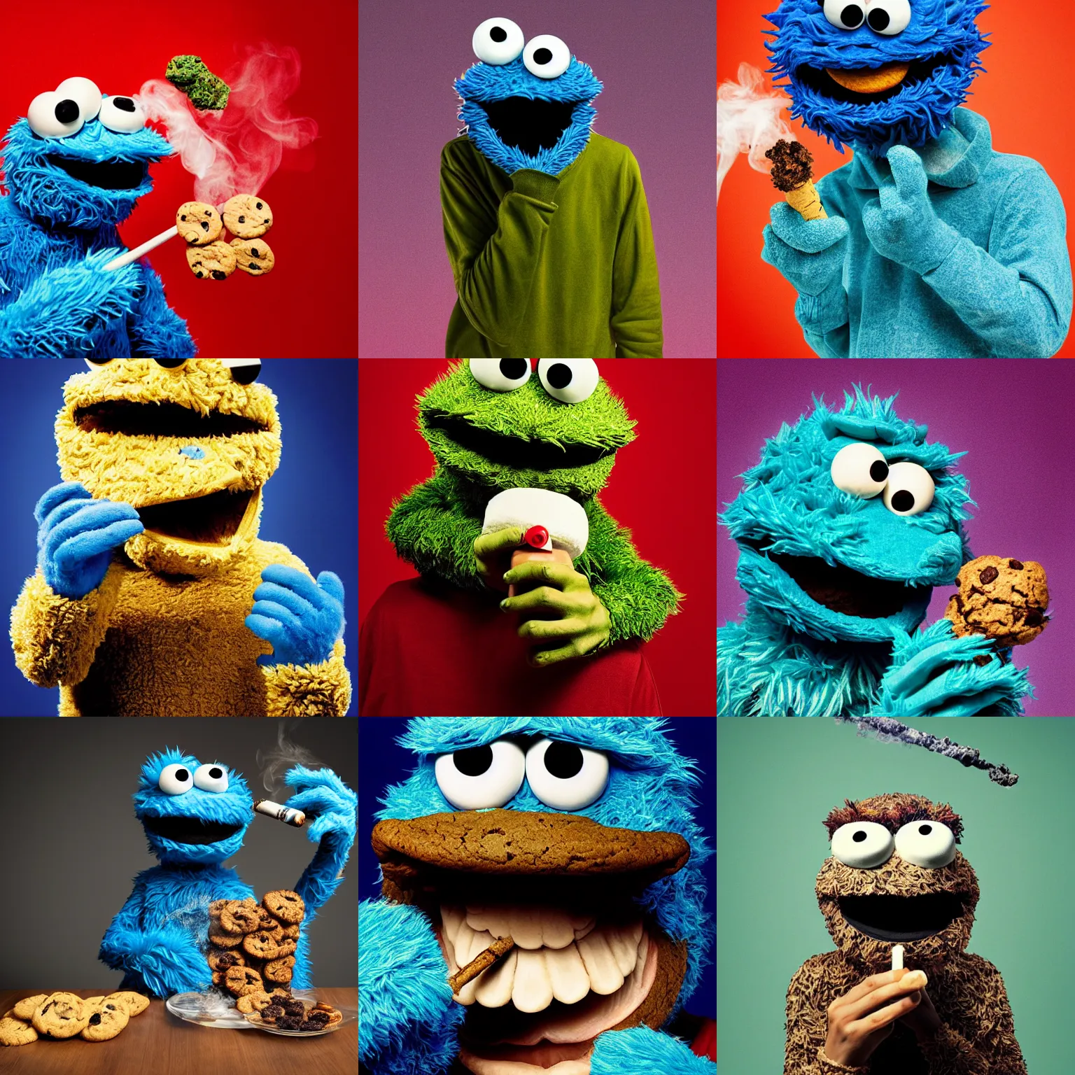 Image similar to cookie monster smoking a blunt turning into a weed bud stylised jonathan zawada photography portrait