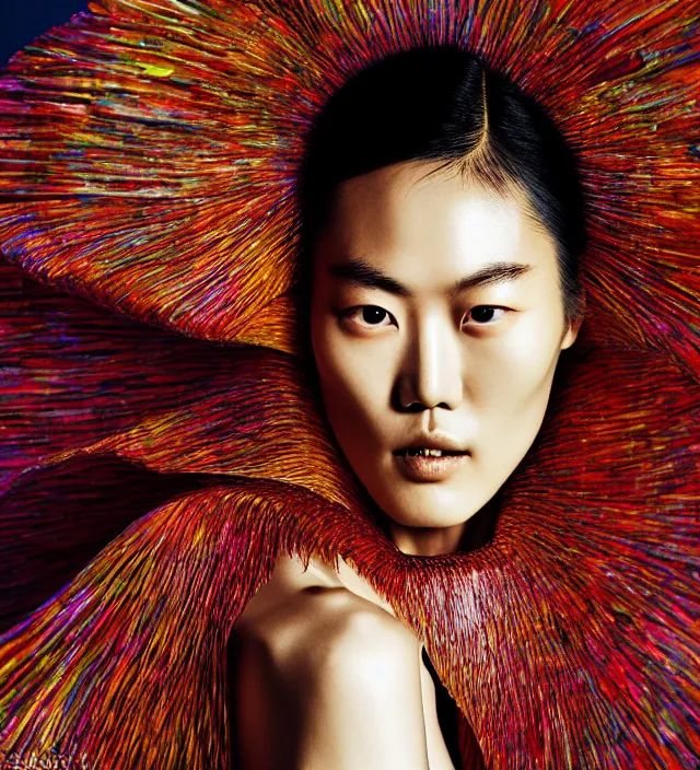 Image similar to photography facial portrait of liu wen, natural background, natural pose, wearing stunning cape by iris van herpen, with a colorfull makeup. highly detailed, skin grain detail, photography by paolo roversi, nick knight, helmut newton, avedon, araki