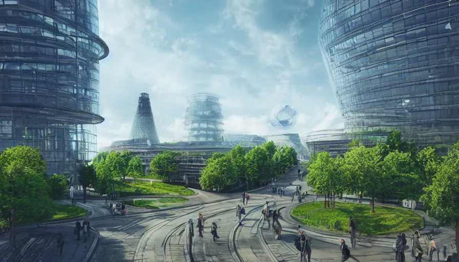 Prompt: futuristic berlin with huge reichstag building with glass dome on the top, huge green alley with trees, large concrete buidlings around it, glass towers, hyperdetailed, artstation, cgsociety, 8 k
