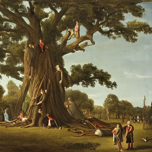 Image similar to huge tree with a lot of hanging bodies, southern gothic art, 1 9 th century scene, painted by friedrich caspar david