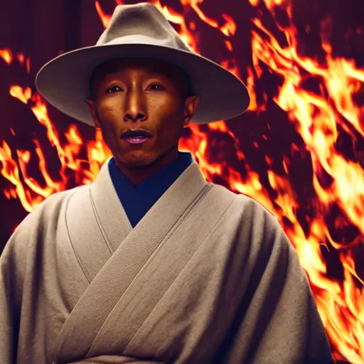 Image similar to cinematic film still Pharrell Williams starring as a Samurai holding fire, Japanese CGI, VFX, 2022, 40mm lens, shallow depth of field,film photography