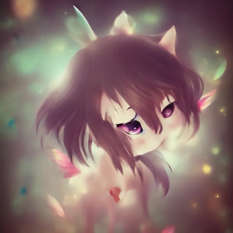 Image similar to cute, full body, female, anime style, a cat girl with fairy wings, large eyes, beautiful lighting, sharp focus, simple background, creative, heart effects, filters applied, illustration