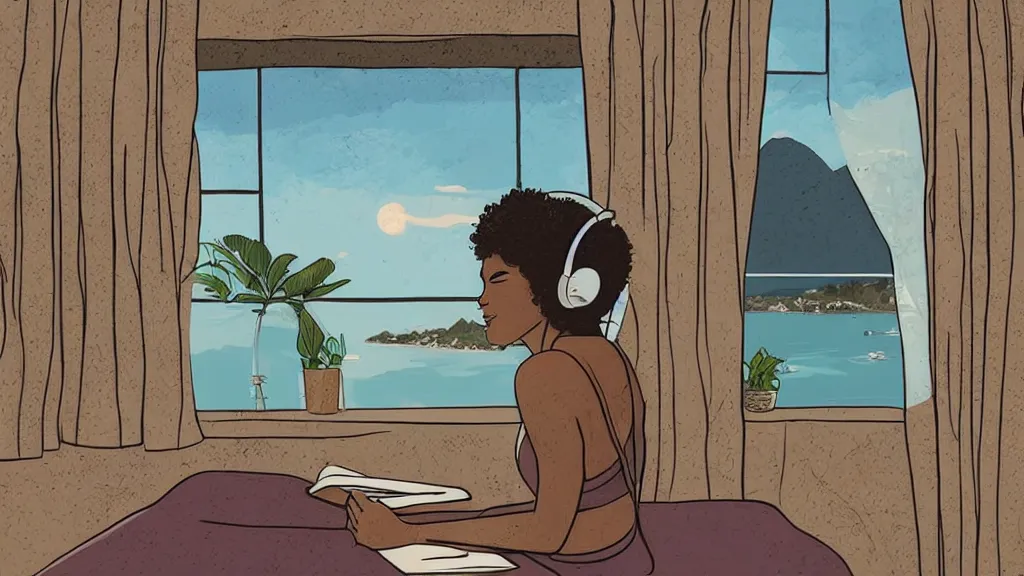 Image similar to black girl, curly hair, with headphones, studying in bedroom, window with rio de janeiro view, lo-fi illustration style, digital art, alive colors