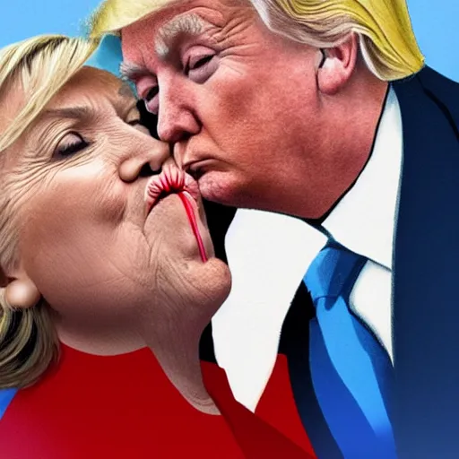 Image similar to realistic portrait of Donald trump kissing Hillary Clinton, hyperrealistic