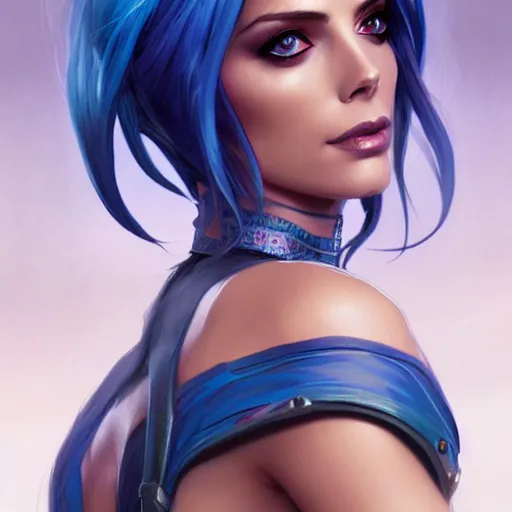 Image similar to Ashley Greene with blue hair as Jinx from League of Legends, western, D&D, fantasy, intricate, elegant, highly detailed, digital painting, artstation, concept art, matte, sharp focus, illustration, art by Artgerm and Greg Rutkowski and Alphonse Mucha