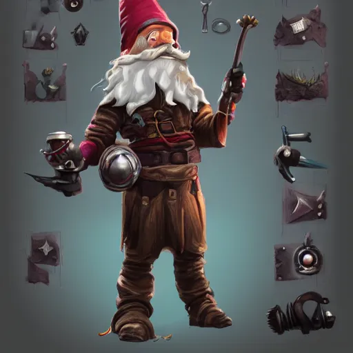 Image similar to artstation fantasy concept of a gnome mechanic, one prosthetic metallic gadget arm, naval background, volumetric lighting