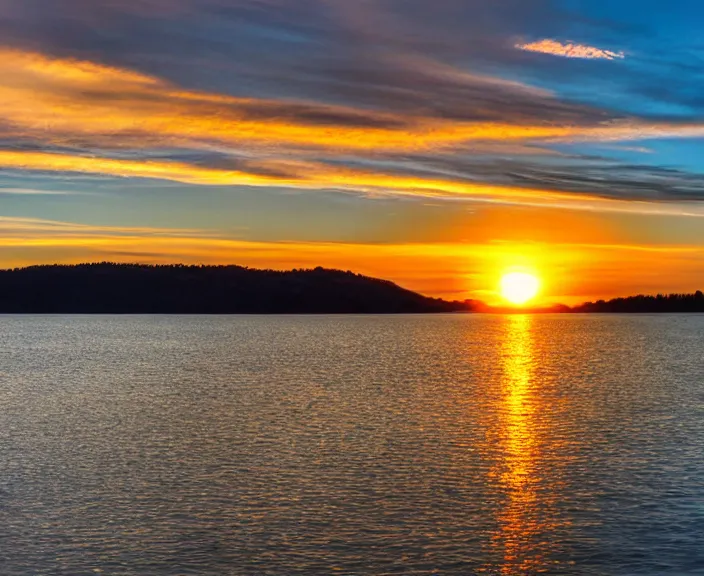 Prompt: 4 k hd, high detail photograph of sunset over the lake, shot with sigma f / 4. 2, 2 5 0 mm sharp lens, wide shot, consistent, volumetric lighting, high level texture render