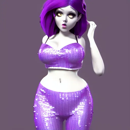 Prompt: a curvy feminine pale goth cutie with a thin waist in a tight purple-grey-white seductive sequined outfit, cgsociety, photorealistic, sublime-comforting ambience, 16k, smooth, sharp focus, trending on ArtStation, volumetric lighting, fully clothed, worksafe