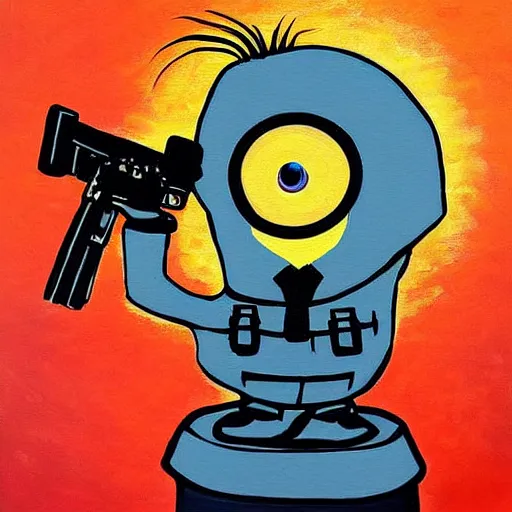 Image similar to a beautiful complex painting of a minion dressed as a soldier in world war ii the minion is shooting his gun