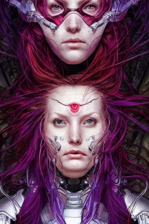 Prompt: extreme close up facial portrait, pale woman with red hair in sci - fi armor with purple accents, bionic armor, stoic, powerful, by artgerm and yoshitaka amano and moebius and alphonse mucha, hyperdetailed, dc comics, ornate, nebula, explosions in the sky, trending on artstation