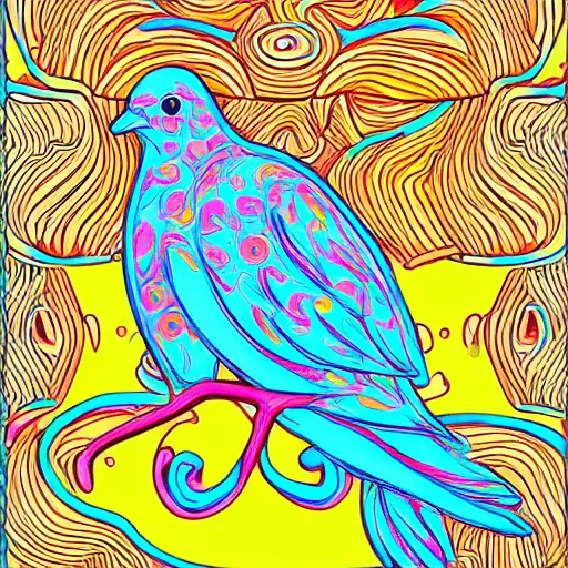 Image similar to illustration of dove inside an ear, palette of primaries, flat colors, flat linework, grainy filter, stippling, psychodelic