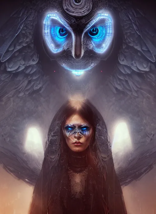 Image similar to Her huge ominous glowing blue eyes staring into my soul , perfect digital eyes, WLOP, Tomasz strzalkowski, 8k portrait render, raven angel wings, cyberpunk, beautiful lighting, dark fantasy art, rococo, gold filigree, cgsociety