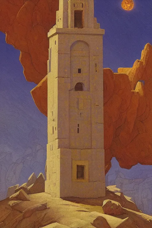 Image similar to painted tower of the moon, by Sylvain Sarrailh and Nicholas Roerich and Annie Swynnerton, dramatic cinematic lighting , beautiful tilework, ornate architecture, sacred artifacts, lost civilizations, smooth, sharp focus, extremely detailed