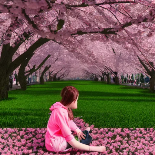 Prompt: a girl sitting in a cherry blossom tree, octane render, 3 d, 8 k