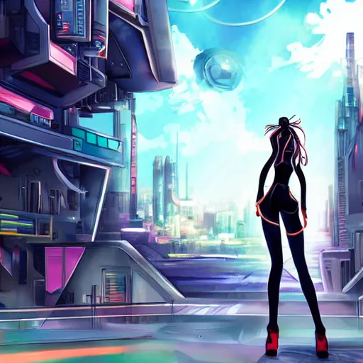 Prompt: Beautiful cyborg anime girl with a futuristic city in the background, anime style, digital art