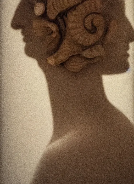 Prompt: a woman's face in profile, made of seashells, in the style of the Dutch masters and Gregory Crewdson, dark and moody