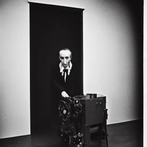 Image similar to underexposed photo of Marcel Duchamp in a room full with an ancient machine, tri-x, Irving Penn, Jeff Wall, archival pigment print, contemporary art