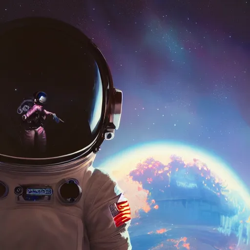 Image similar to cosmic skies in the reflection on an astronaut suit helmet. Vivid colors, soft lighting, atmospheric, cinematic, moody, in the style of Ilya Kuvshinov and Range Murata, Krenz Cushart, rule of thirds, oil on canvas, 8k.