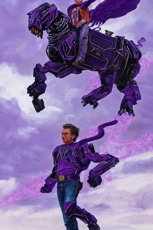 Image similar to portrait of johnny cash as purple ranger from power rangers riding on mecha cowboy snake bull zord, intricate, highly detailed, smooth, artstation, digital illustration by Ruan Jia and Mandy Jurgens and Artgerm and Wayne Barlowe and Greg Rutkowski and Zdislav Beksinski