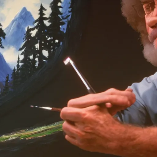 Image similar to a closeup photorealistic photograph of bob ross working on a canvas painting of darth vader. film still. brightly lit scene. mountains and trees. this 4 k hd image is trending on artstation, featured on behance, well - rendered, extra crisp, features intricate detail, epic composition and the style of unreal engine.