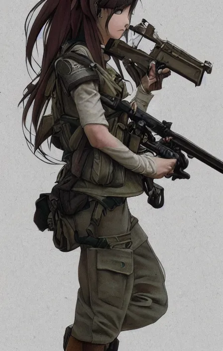 Image similar to infantry girl, anime style, symmetrical facial features long hair, hair down, under heavy fire, smoke explosions, visual novel character sheet, hyper realistic, pale skin, rule of thirds, extreme detail, 4 k, detailed drawing, trending artstation, realistic lighting, by alphonse mucha, greg rutkowski, sharp focus, backlit, combat vest