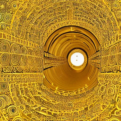 Image similar to vivid illustration of a person choosing between tunnels with groups of people inside, within a highly intricate torus with detailed golden ornamentation and golden light, choosing between pathways